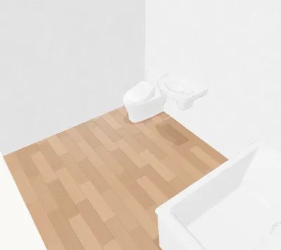 O banheiro em 3D do configurador: um vaso sanitário, uma pia e uma banheira sobre um piso de tábuas de madeira